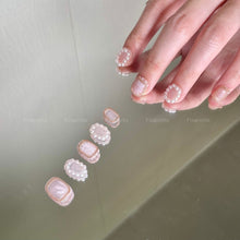 Load image into Gallery viewer, White Chic Pearl Gold Liner Elegant Champagne Short Square Nails| 10pc Handmade
