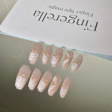 Load image into Gallery viewer, White Ballet Ribbon Texture Gold Liner Pearl Nails Almond| 10pc Handmade
