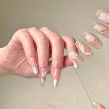 Load image into Gallery viewer, White Ballet Ribbon Texture Gold Liner Pearl Nails Almond| 10pc Handmade
