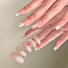 Load image into Gallery viewer, White Ballet Ribbon Texture Gold Liner Pearl Nails Almond| 10pc Handmade
