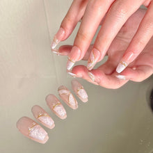 Load image into Gallery viewer, White Ballet Ribbon Texture Gold Liner Pearl Nails Almond| 10pc Handmade
