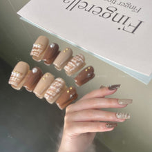 Load image into Gallery viewer, Coffee Date Brown Braided Style Short Almond| 10pc Handmade Best Press-on Nails Award-Winning Glue-on Nails
