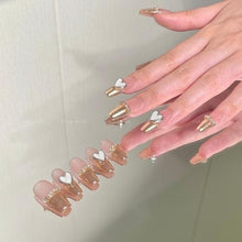 Load image into Gallery viewer, Champagne gold Pink hearts mirror rhinestone shinny clean &amp; chic Nails| 10pc Handmade Best Press-on Nails Award-Winning Glue-on Nails
