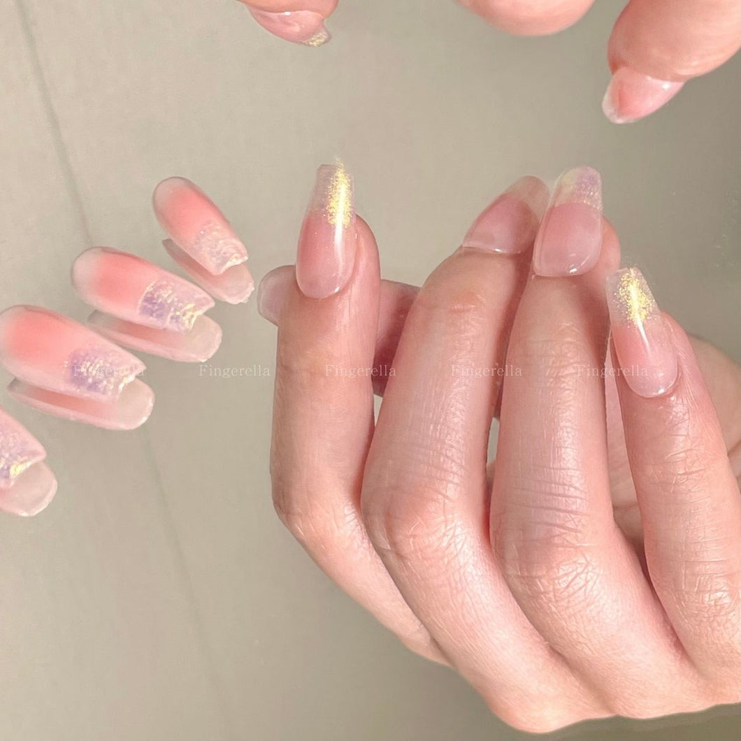 【Final Clearance 80% OFF】Pink Smudged Blush Gold Liner French Tips Almond| 10pc Handmade