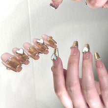 Load image into Gallery viewer, Champagne gold Pink hearts mirror rhinestone shinny clean &amp; chic Nails| 10pc Handmade Best Press-on Nails Award-Winning Glue-on Nails
