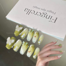 Load image into Gallery viewer, Avacado Green Crystal Butterfly Nails| 10pc Handmade Best Press-on Nails Award-Winning Glue-on Nails
