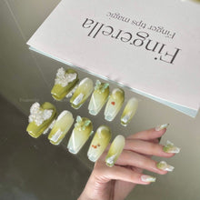 Load image into Gallery viewer, Avacado Green Crystal Butterfly Nails| 10pc Handmade Best Press-on Nails Award-Winning Glue-on Nails
