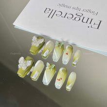 Load image into Gallery viewer, Avacado Green Crystal Butterfly Nails| 10pc Handmade Best Press-on Nails Award-Winning Glue-on Nails
