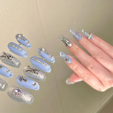 Load image into Gallery viewer, Go down the rabit hole Blue Gothic Silver Shinny Punk Nails| 10pc Handmade
