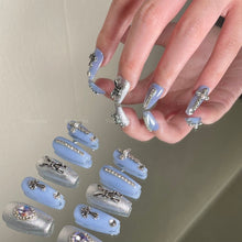 Load image into Gallery viewer, Go down the rabit hole Blue Gothic Silver Shinny Punk Nails| 10pc Handmade
