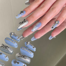 Load image into Gallery viewer, Go down the rabit hole Blue Gothic Silver Shinny Punk Nails| 10pc Handmade
