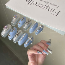 Load image into Gallery viewer, Go down the rabit hole Blue Gothic Silver Shinny Punk Nails| 10pc Handmade
