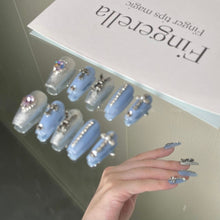 Load image into Gallery viewer, Go down the rabit hole Blue Gothic Silver Shinny Punk Nails| 10pc Handmade
