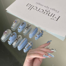 Load image into Gallery viewer, Go down the rabit hole Blue Gothic Silver Shinny Punk Nails| 10pc Handmade
