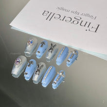 Load image into Gallery viewer, Go down the rabit hole Blue Gothic Silver Shinny Punk Nails| 10pc Handmade
