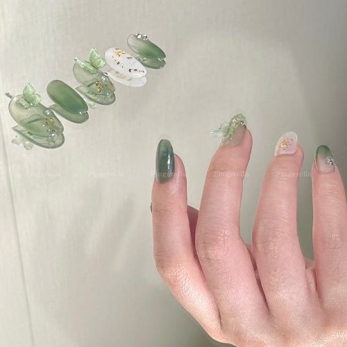 Printemp Spring green elegant nature butterfly Nails| 10pc Handmade