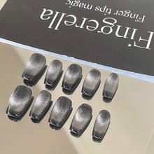 Load image into Gallery viewer, Saturn Ring Black Cat-eye Polar Light Almond Nails| 10pc Handmade
