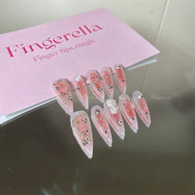 Load image into Gallery viewer, Pink pointy long camellia gradient rhinestone chain gothic fairy fancy Nails| 10pc handmade
