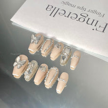 Load image into Gallery viewer, Champagne &amp; Grey Butterfly Rhinestone Nail| 10pc Handmade Best Press-on Nails Award-Winning Glue-on Nails
