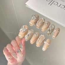 Load image into Gallery viewer, Champagne &amp; Grey Butterfly Rhinestone Nail| 10pc Handmade Best Press-on Nails Award-Winning Glue-on Nails
