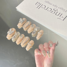 Load image into Gallery viewer, Champagne &amp; Grey Butterfly Rhinestone Nail| 10pc Handmade Best Press-on Nails Award-Winning Glue-on Nails
