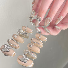 Load image into Gallery viewer, Champagne &amp; Grey Butterfly Rhinestone Nail| 10pc Handmade Best Press-on Nails Award-Winning Glue-on Nails
