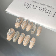 Load image into Gallery viewer, Champagne &amp; Grey Butterfly Rhinestone Nail| 10pc Handmade Best Press-on Nails Award-Winning Glue-on Nails
