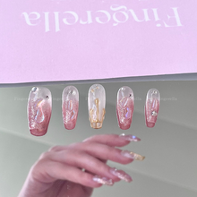 Load image into Gallery viewer, Weepy Baby Pink Rhinstone Polar Gold Liner Nails | 10pc Handmade
