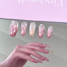 Load image into Gallery viewer, Weepy Baby Pink Rhinstone Polar Gold Liner Nails | 10pc Handmade
