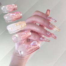 Load image into Gallery viewer, Weepy Baby Pink Rhinstone Polar Gold Liner Nails | 10pc Handmade
