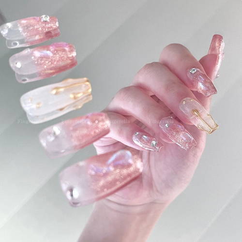 Weepy Baby Pink Rhinstone Polar Gold Liner Nails | 10pc Handmade