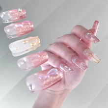 Load image into Gallery viewer, Weepy Baby Pink Rhinstone Polar Gold Liner Nails | 10pc Handmade
