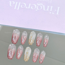 Load image into Gallery viewer, Weepy Baby Pink Rhinstone Polar Gold Liner Nails | 10pc Handmade
