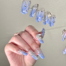 Load image into Gallery viewer, Blue gradient mermaid rhinestone chain gothic fairy fancy Nails| 10pc handmade Best Press-on Nails Award-Winning Glue-on Nails
