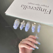 Load image into Gallery viewer, Blue gradient mermaid rhinestone chain gothic fairy fancy Nails| 10pc handmade Best Press-on Nails Award-Winning Glue-on Nails
