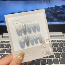 Load image into Gallery viewer, Clearance! 40%OFF: Blue Cameilla Shinny fairy cute daily square Nails| 10pc handmade Best Press-on Nails Award-Winning Glue-on Nails
