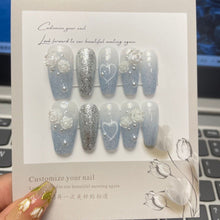 Load image into Gallery viewer, Clearance! 40%OFF: Blue Cameilla Shinny fairy cute daily square Nails| 10pc handmade Best Press-on Nails Award-Winning Glue-on Nails
