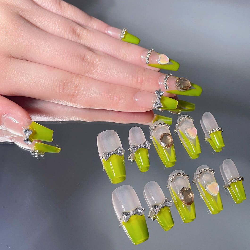 French Avacado Green Bow Crystal Rhinestone Nails| 10pc Handmade Best Press-on Nails Award-Winning Glue-on Nails