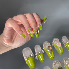 Load image into Gallery viewer, French Avacado Green Bow Crystal Rhinestone Nails| 10pc Handmade Best Press-on Nails Award-Winning Glue-on Nails
