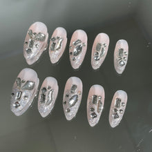 Load image into Gallery viewer, White &amp; Grey sparkly pointy rhinestone shinny nails | 10pc handmade
