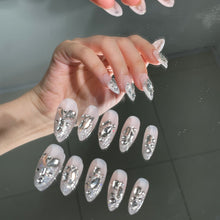 Load image into Gallery viewer, White &amp; Grey sparkly pointy rhinestone shinny nails | 10pc handmade
