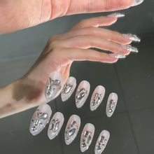 Load image into Gallery viewer, White &amp; Grey sparkly pointy rhinestone shinny nails | 10pc handmade
