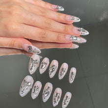 Load image into Gallery viewer, White &amp; Grey sparkly pointy rhinestone shinny nails | 10pc handmade
