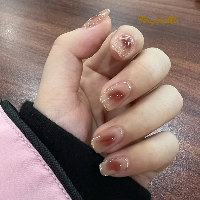 Smudged Maple Pink Gold Glitter Linear Nails Chic| 24pc Machine-made