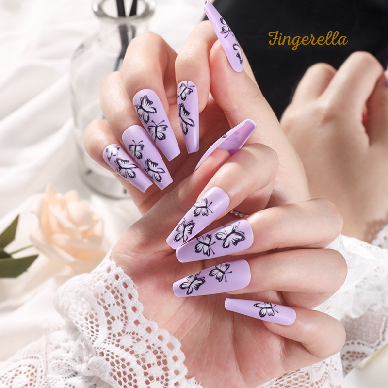 Ballerina Purple Butterfly Long Nails| 24pc Machine-made Best Press-on Nails Award-Winning Glue-on Nails