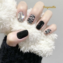 Load image into Gallery viewer, Black &amp; White Zebra Grey Stripes Shinny Nails| 24pc Machine-made Best Press-on Nails Award-Winning Glue-on Nails
