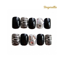 Load image into Gallery viewer, Black &amp; White Zebra Grey Stripes Shinny Nails| 24pc Machine-made Best Press-on Nails Award-Winning Glue-on Nails
