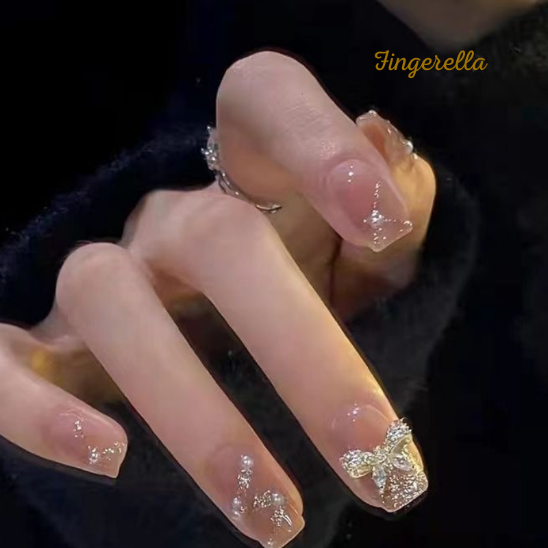 Pink Glitter Gold Ribbon Nails| 24pc Machine-made