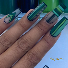 Load image into Gallery viewer, Ballerina Green &amp; Black Lines Long Nails | 24pc Machine-made Best Press-on Nails Award-Winning Glue-on Nails
