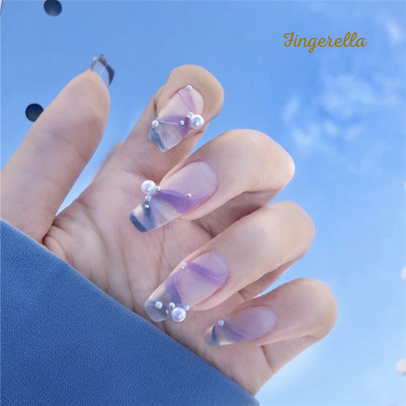 Purple Blue Sky Celebration Ribbon Nails | 24pc Machine-made